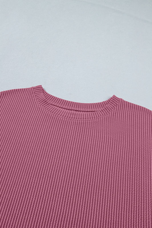 HKK Pink Twisted Ribbed Loose Tee Drawstring Elastic Waist 2pcs Short Set