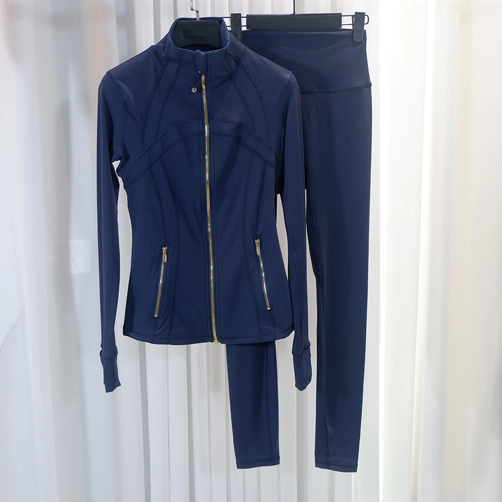 HKK Gold Zipper Jacket Paired with yoga Pants