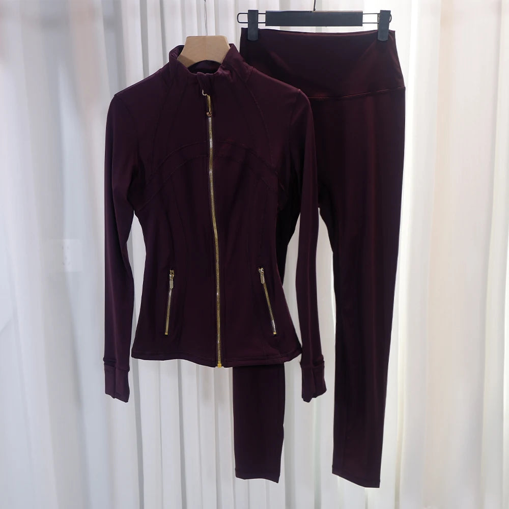 HKK Gold Zipper Jacket Paired with yoga Pants