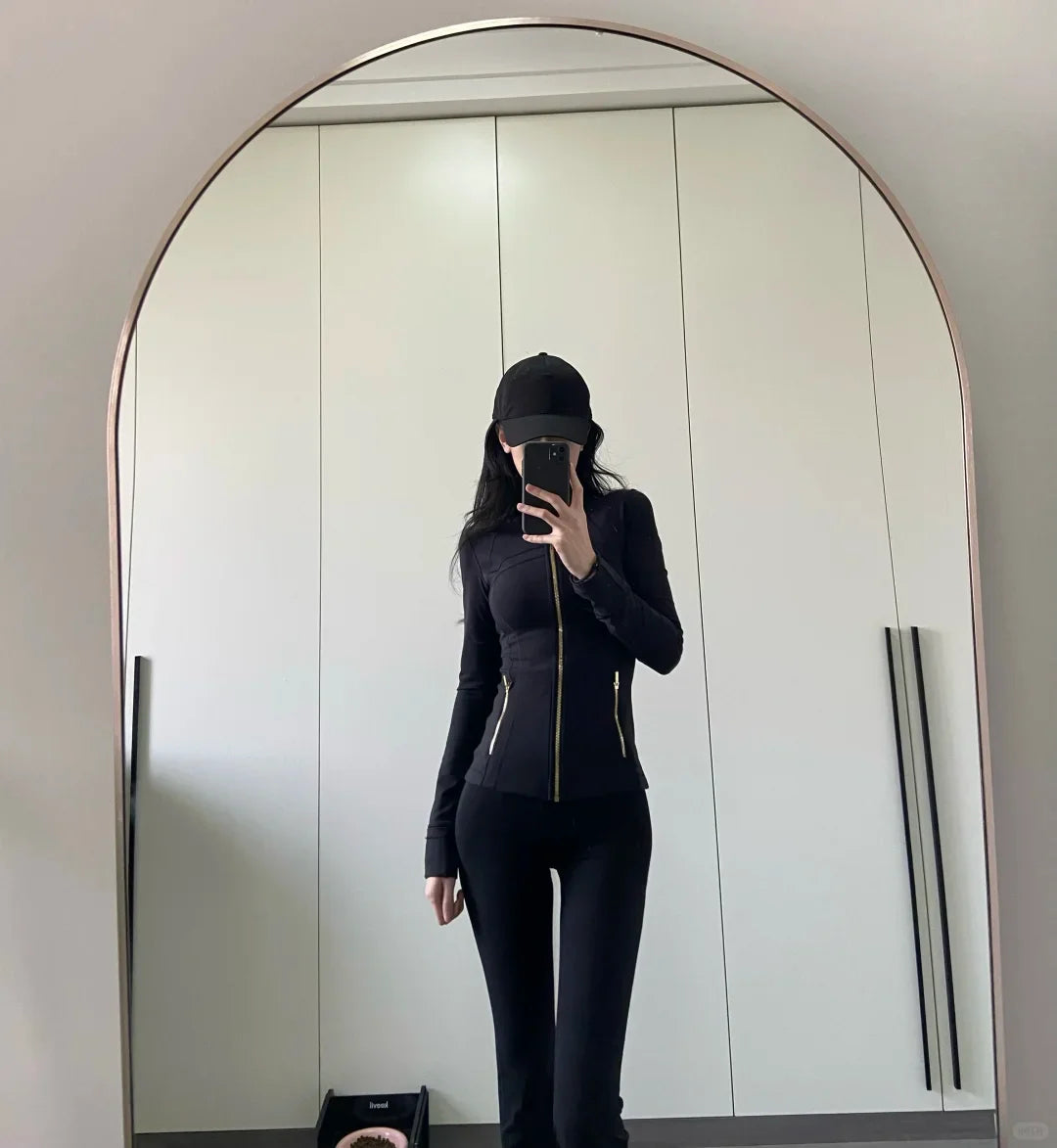 HKK Gold Zipper Jacket Paired with yoga Pants