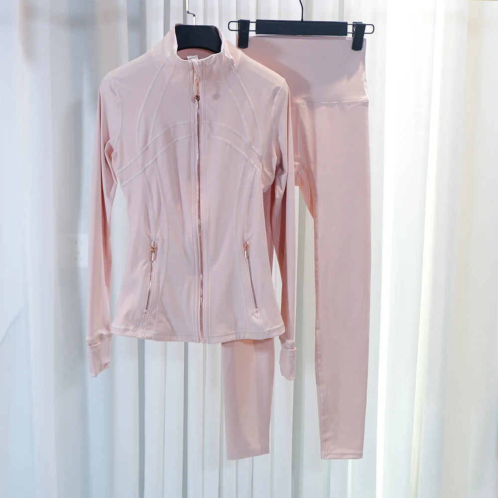 HKK Gold Zipper Jacket Paired with yoga Pants