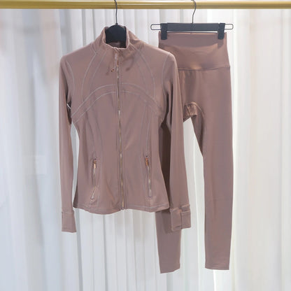 HKK Gold Zipper Jacket Paired with yoga Pants