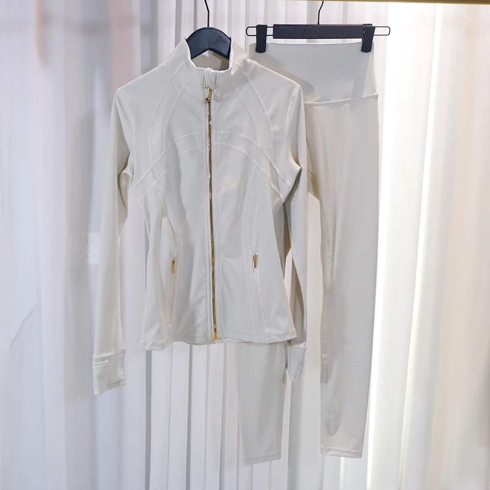 HKK Gold Zipper Jacket Paired with yoga Pants