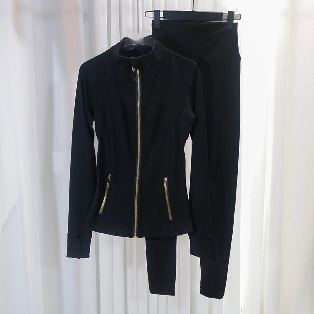 HKK Gold Zipper Jacket Paired with yoga Pants