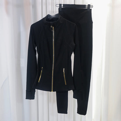 HKK Gold Zipper Jacket Paired with yoga Pants