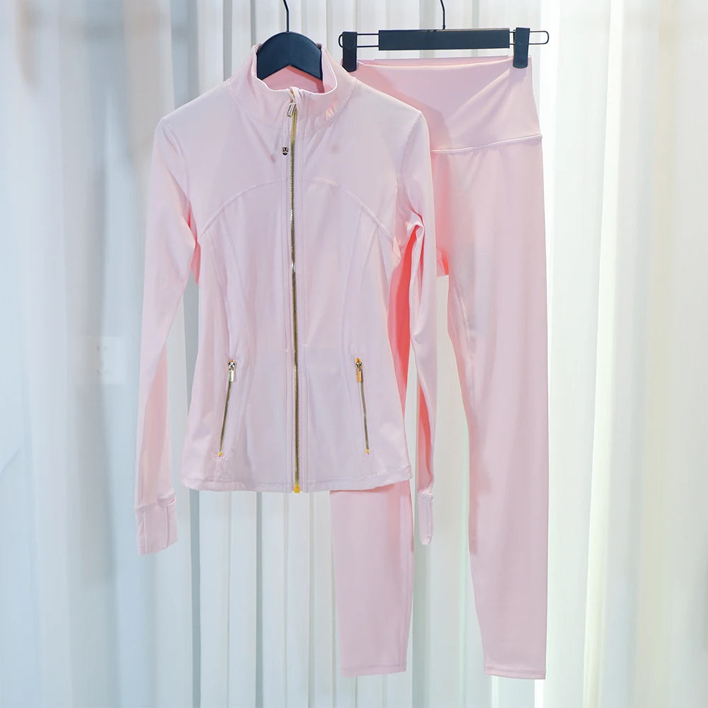 HKK Gold Zipper Jacket Paired with yoga Pants