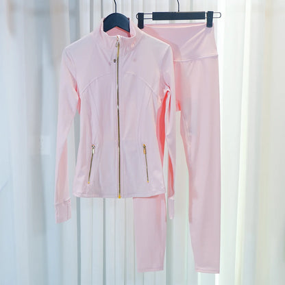 HKK Gold Zipper Jacket Paired with yoga Pants