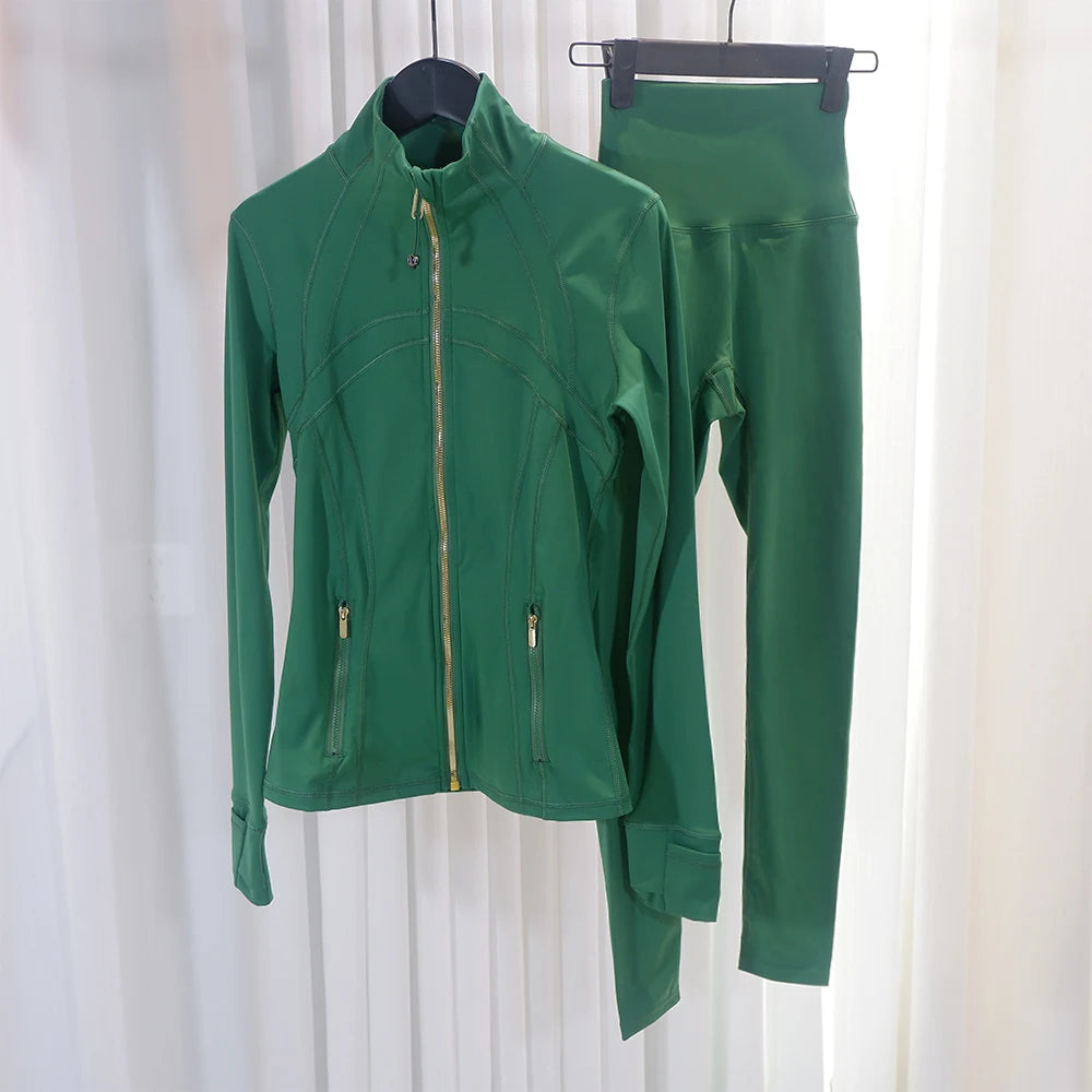 HKK Gold Zipper Jacket Paired with yoga Pants
