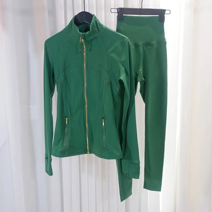 HKK Gold Zipper Jacket Paired with yoga Pants